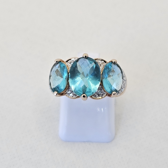 Stunning Caribbean Tourmaline & Diamond Ring Yellow Gold Vermeil Sz 7! - Picture 4 of 11